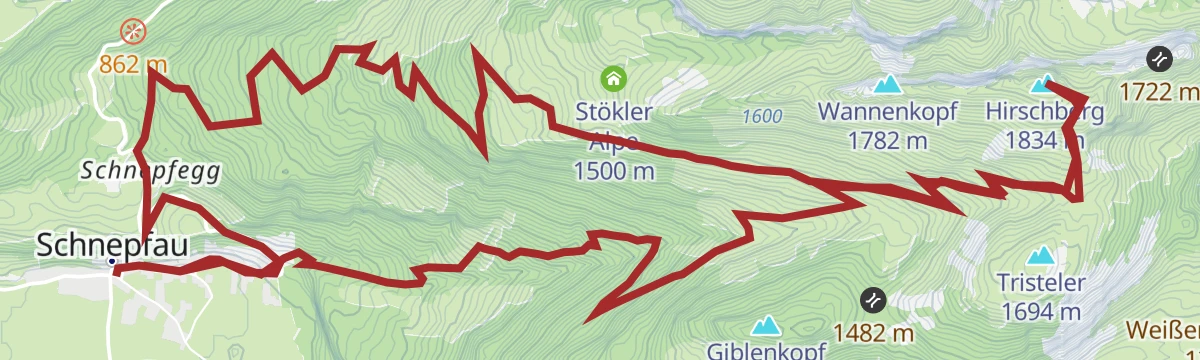 Route map: Schnepfau | Schnepfau – Schnepfegg – Mittelhirschbergalpe – Obere Hirschbergalpe – Untere Hirschbergalpe – Giblenvorsäß – Schnepfau